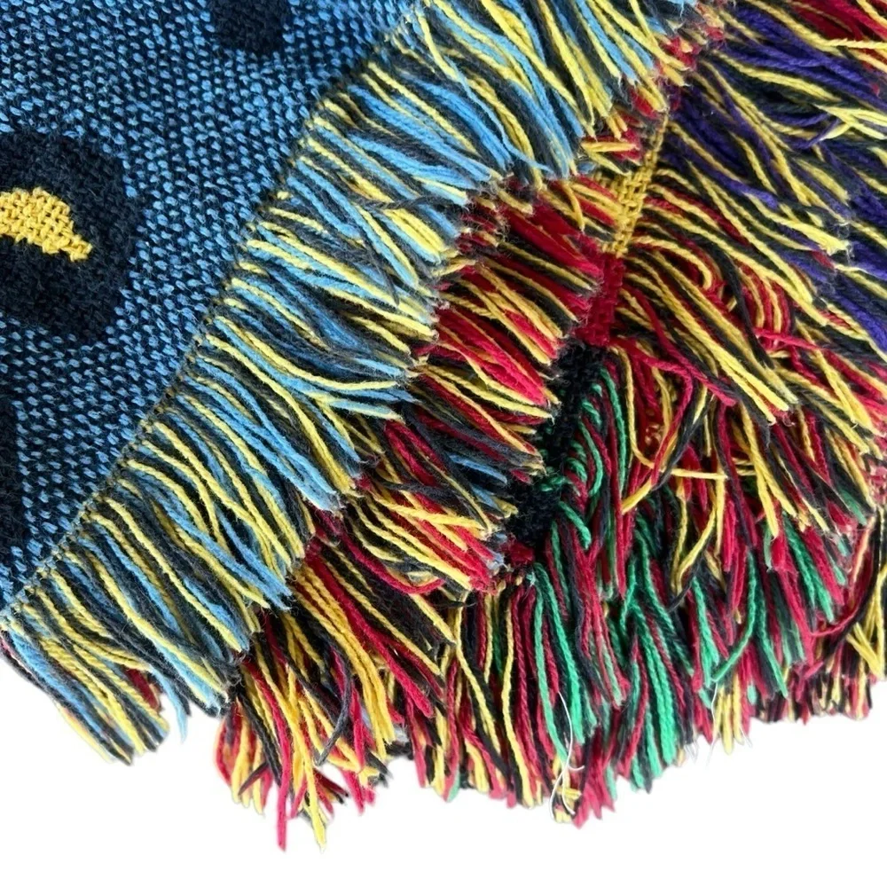 Mayan Aztec Native Woven Throw Fringed Bright Multicolor Tribal Design 49x72 GUC